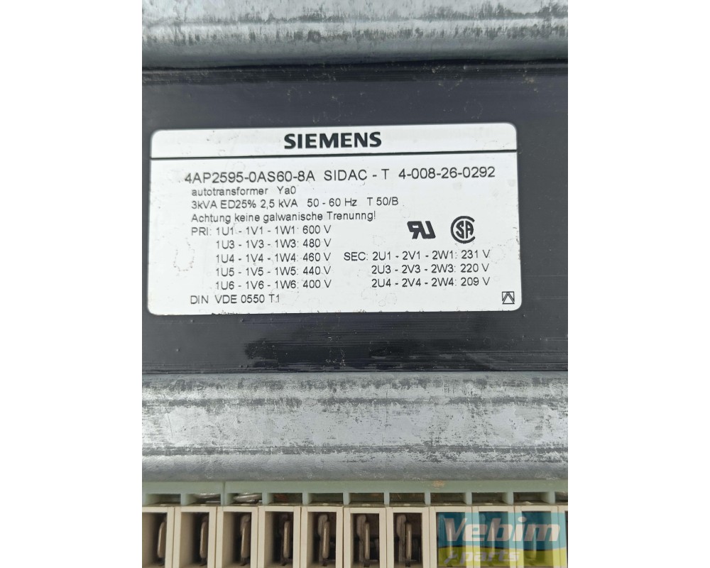Siemens SIDAC autotransformator 4AP2595-0AS60-8A Pri. 600-400V, Sec. 231,220,209V - - Catalogus